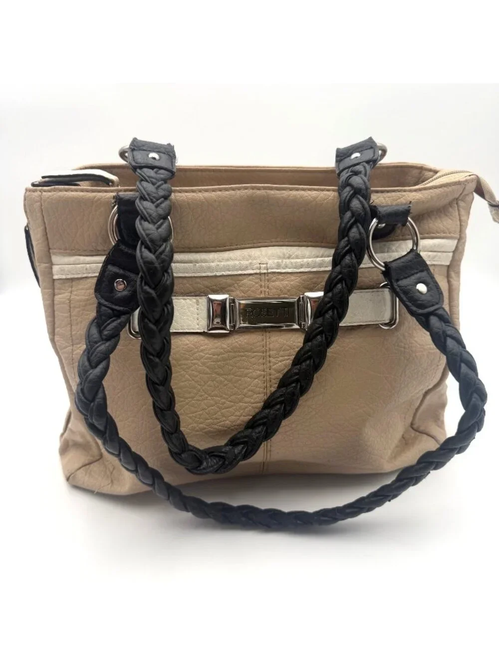 Rosetti Beige Black Braided Handle Satchel Shoulder Bag Faux Leather Purse